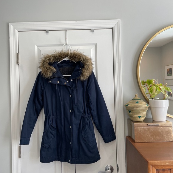 Women's Navy Utility Jacket with Faux Fur Trim - Picture 1 of 5